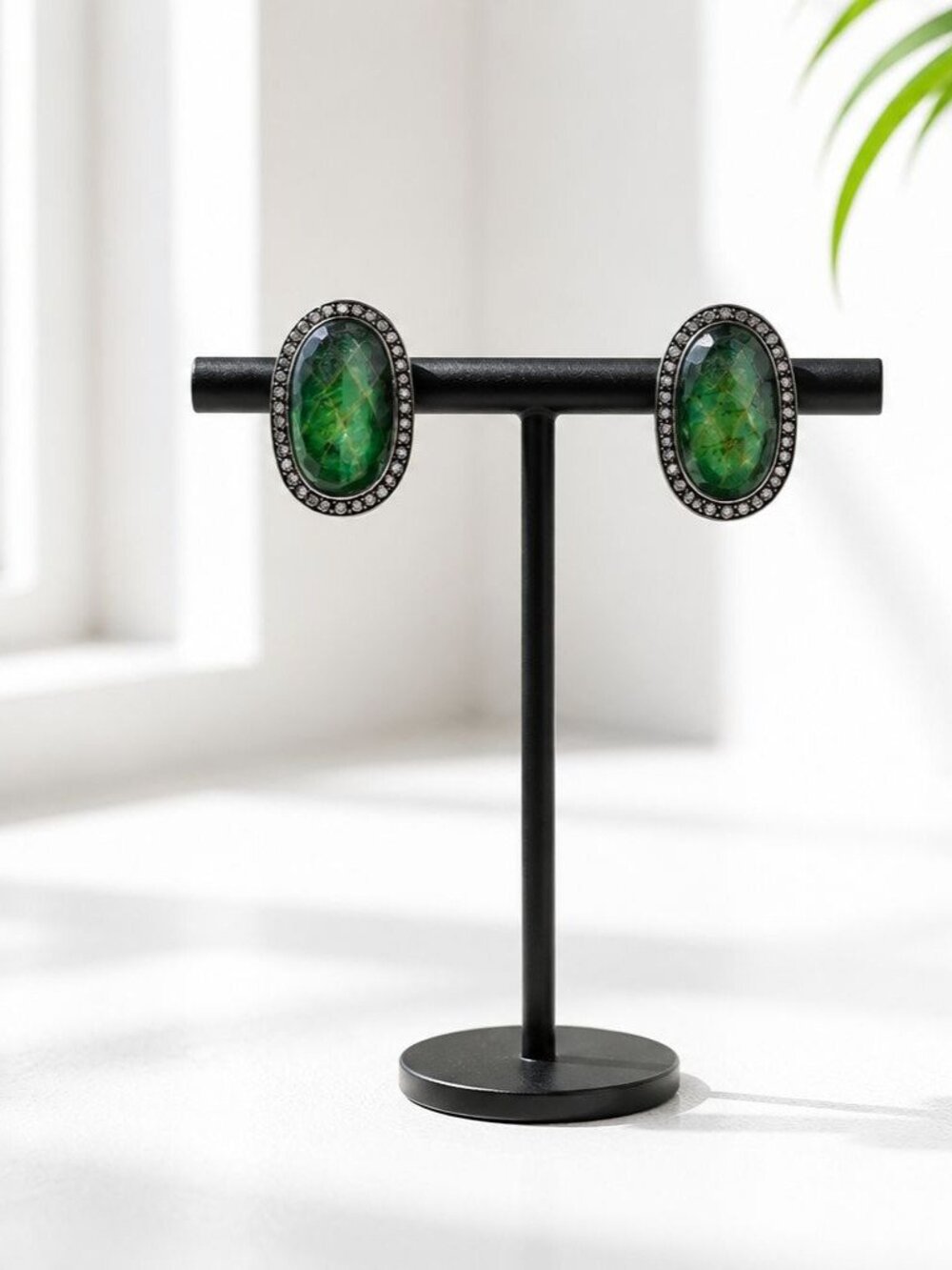 Vintage Silver-Tone Clip-On Earrings With Green Stone & Rhinestone Accents